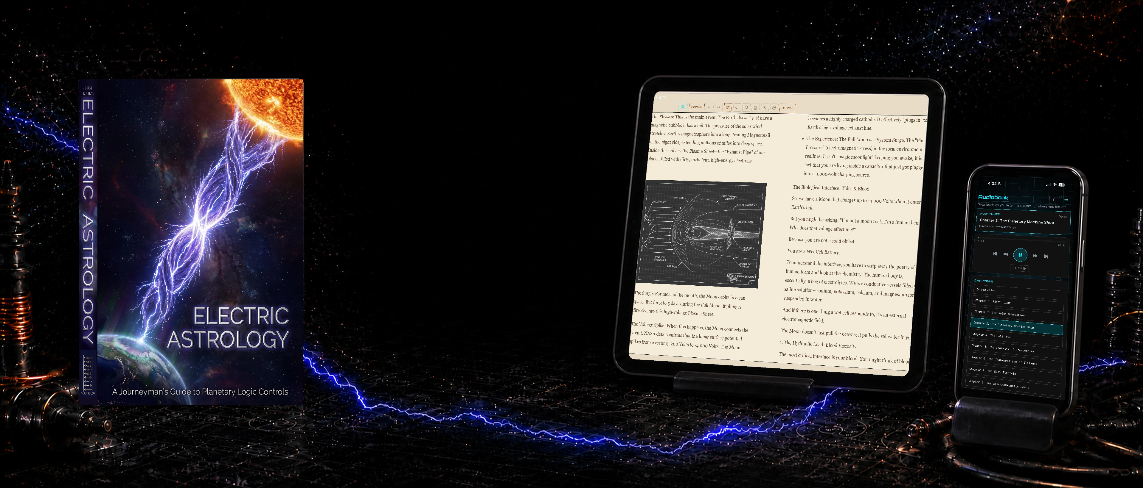 Electric Astrology paperback, e-reader, and audiobook presented as one connected product suite